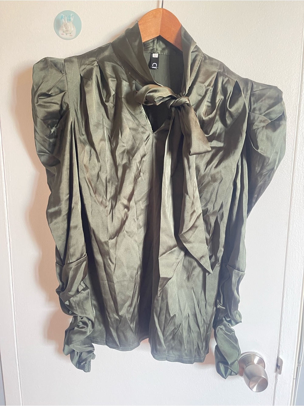 Woman’s Olive Satin Tie-Neck Blouse With Scrunched Sleeves Cotton Size M